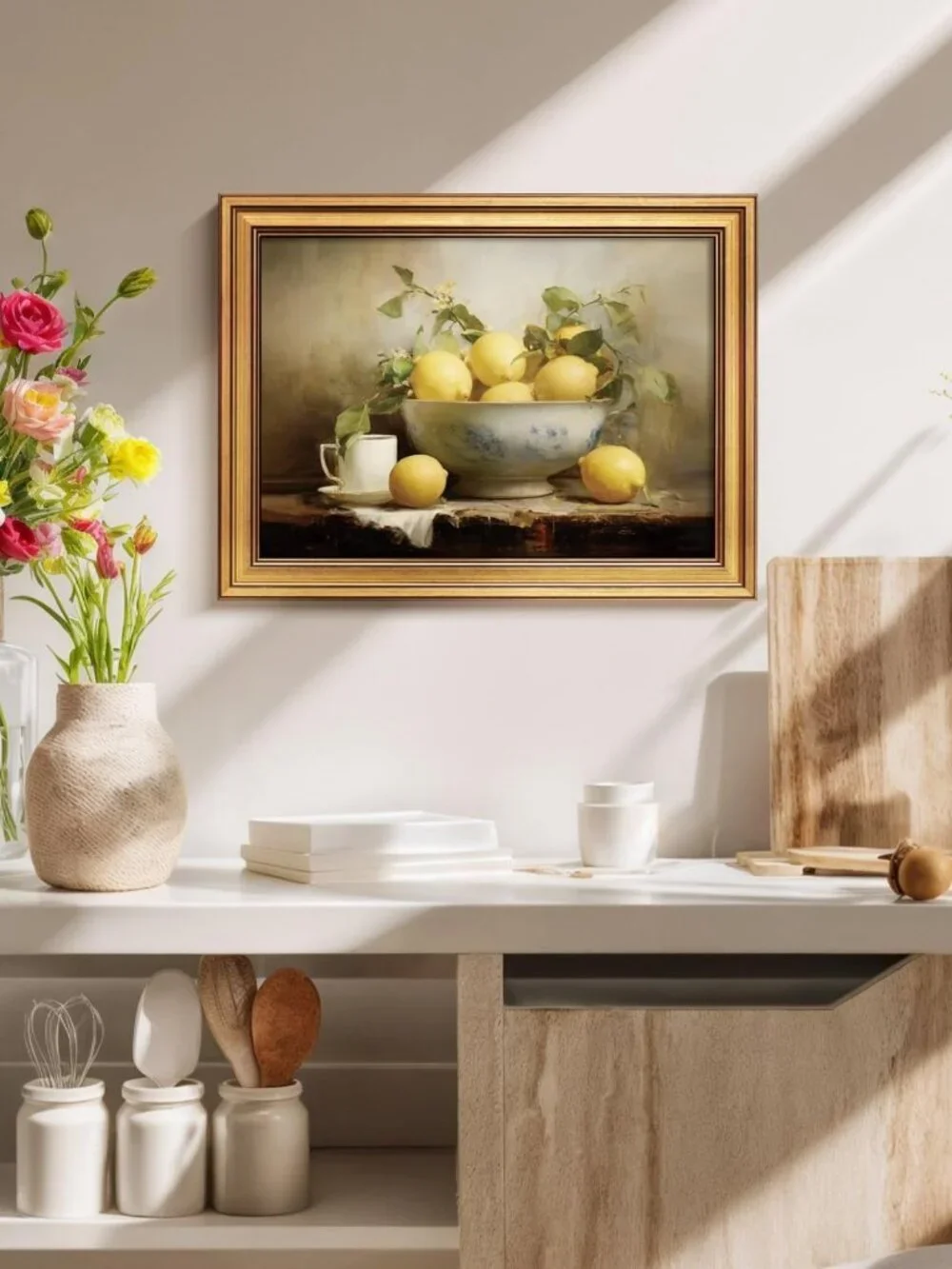 Vintage Lemon Bowl Wall Art - Gold Framed Rustic Oil Painting, 12x16 Inch